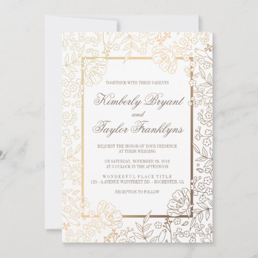 金ゴールドフローラホワイトヴィンテージウェディング招待状 招待状 (正面)