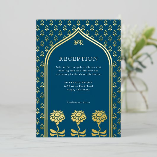 金ゴールドフローラマリゴールドインディアンウェディングレセプション 箔招待状 (立ち正面)