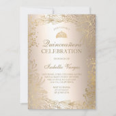 金ゴールドフローラメタリック写真ティアラシックQuinceaenera 招待状 (正面)