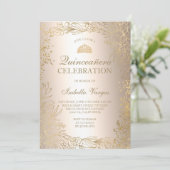 金ゴールドフローラメタリック写真ティアラシックQuinceaenera 招待状 (スタンド正面)