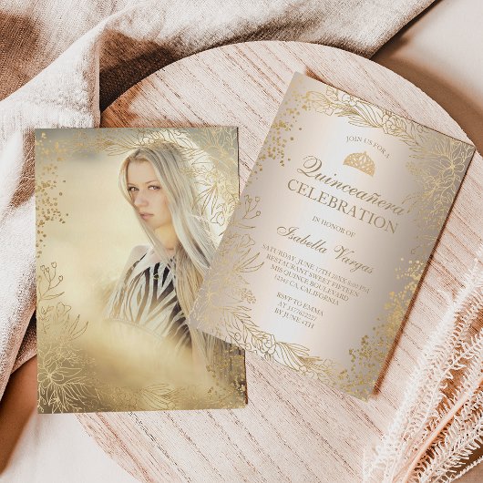 金ゴールドフローラメタリック写真ティアラシックQuinceaenera 招待状