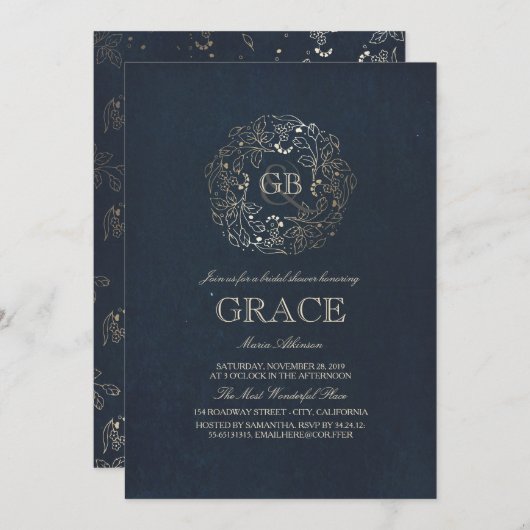 金ゴールドフローラモノグラムヴィンテージネイビーブライダルシャワー 招待状 (正面/裏面)