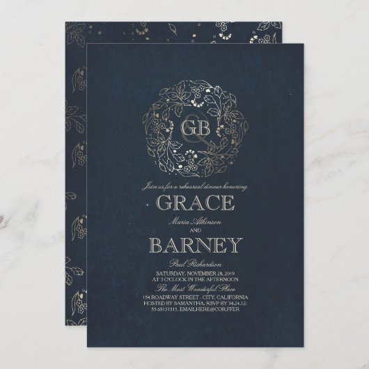 金ゴールドフローラモノグラムヴィンテージネイビーリハーサルディナー 招待状 (正面/裏面)