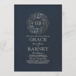 金ゴールドフローラモノグラムヴィンテージネイビーリハーサルディナー 招待状