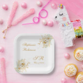 金ゴールドフローラモノグラム卒業パーティー ペーパープレート (パーティー)