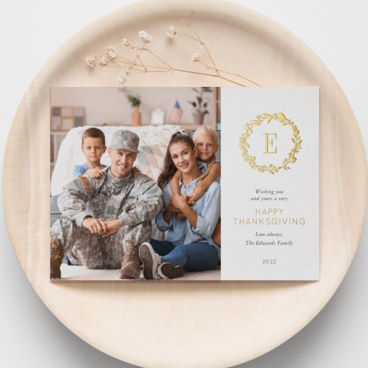 金ゴールドフローラモノグラム感謝祭グリーティングフォト 箔シーズンカード