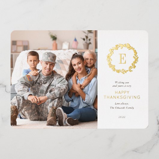 金ゴールドフローラモノグラム感謝祭グリーティングフォト 箔シーズンカード (正面)