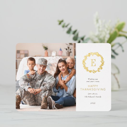 金ゴールドフローラモノグラム感謝祭グリーティングフォト 箔シーズンカード (立ち正面)