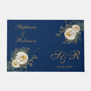 金ゴールドフローラモノグラム結婚ロゴのギフトブルー ドアマット