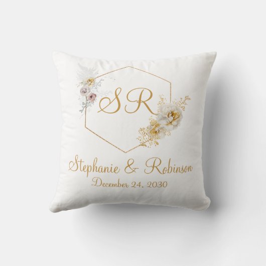 金ゴールドフローラモノグラム結婚ロゴの贈り物 クッション (裏面)