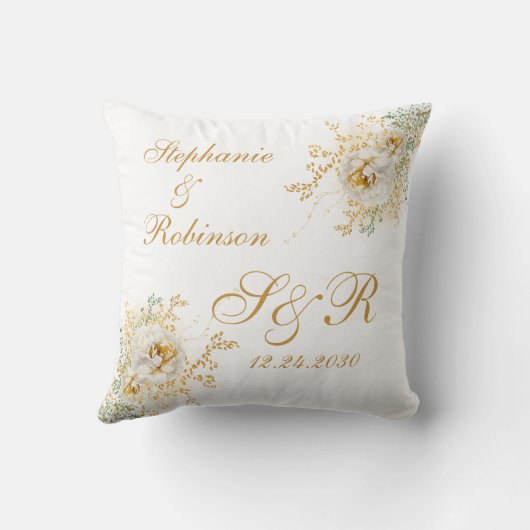 金ゴールドフローラモノグラム結婚ロゴの贈り物 クッション (裏面)