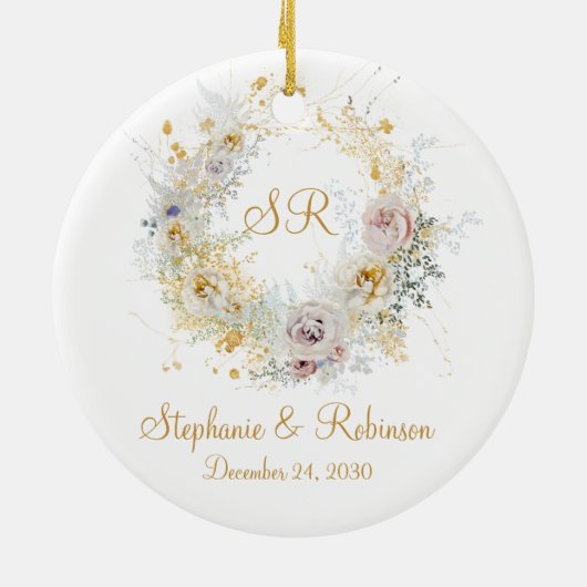 金ゴールドフローラモノグラム結婚ロゴの贈り物 セラミックオーナメント (裏面)