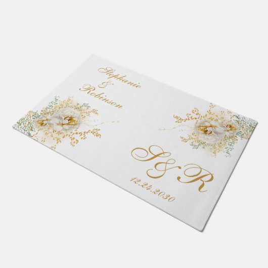 金ゴールドフローラモノグラム結婚ロゴの贈り物 ドアマット (アングル)