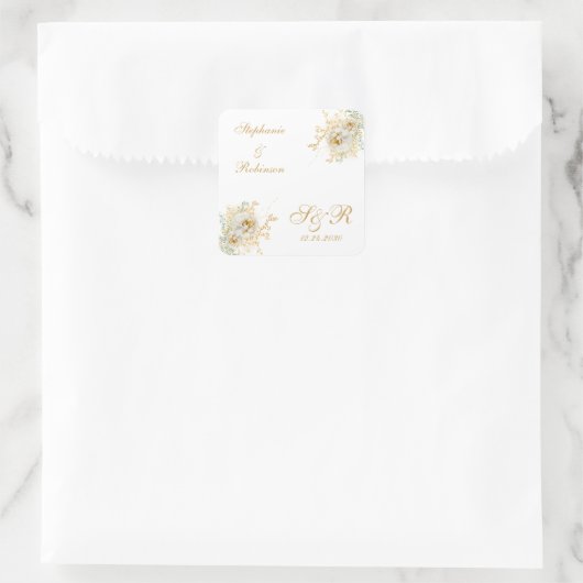 金ゴールドフローラモノグラム結婚ロゴ スクエアシール (バッグ)