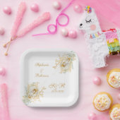 金ゴールドフローラモノグラム結婚ロゴ ペーパープレート (パーティー)