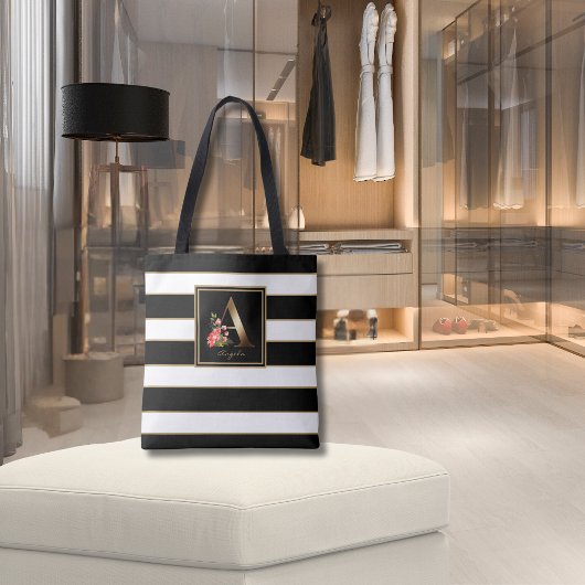 金ゴールドフローラモノグラム |白黒金ゴールドストライプ トートバッグ