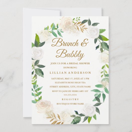 金ゴールドフローラリースブランチ&バブリーブライダルシャワー 招待状 (正面)