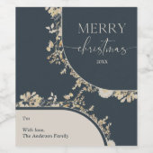 金ゴールドフローラリースブルークリスマス ワインラベル (シングルラベル)