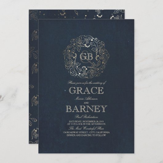 金ゴールドフローラリースモノグラムヴィンテージネイビー結婚ズ 招待状 (正面/裏面)