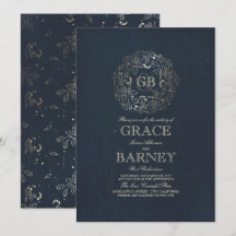 金ゴールドフローラリースモノグラムヴィンテージネイビー結婚ズ