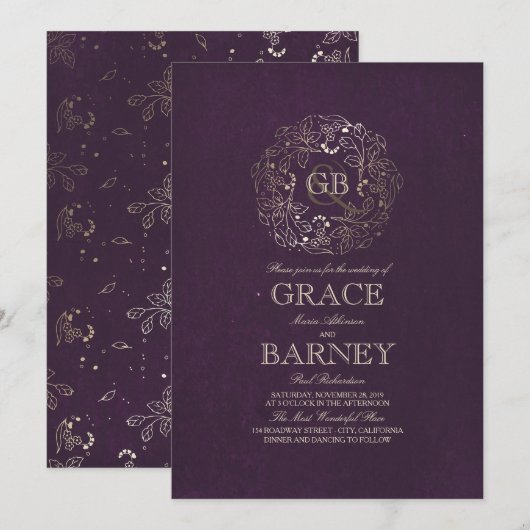 金ゴールドフローラリースモノグラムヴィンテージプラム結婚ズ 招待状 (正面/裏面)