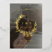 金ゴールドフローラリースモノグラム写真保存日付 箔招待状 (正面)