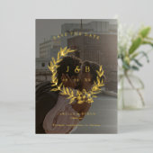 金ゴールドフローラリースモノグラム写真保存日付 箔招待状 (立ち正面)