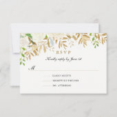 金ゴールドフローラリーフウォーターカラーウェディングRSVP 出欠カード (正面)