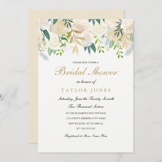 金ゴールドフローラリーフブライダルシャワー招待状 招待状 (正面/裏面)