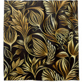 金ゴールドフローラルパターン付き黒 シャワーカーテン (正面)