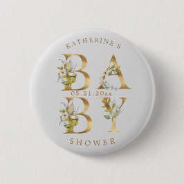 金ゴールドフローラレター赤ちゃんシャワーモノグラム 缶バッジ