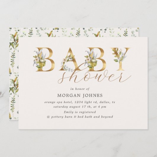 金ゴールドフローラレター赤ちゃんシャワー招待 (正面/裏面)