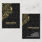 金ゴールドフローラレースとブラックダマスクの背景 名刺 (正面/裏面)