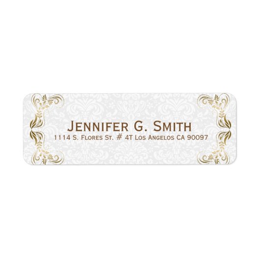 金ゴールドフローラレースフレームホワイトダマスクの背景 ラベル (正面)