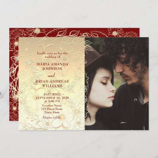 金ゴールドフローラレ結婚ースの写真招待状 招待状 (正面/裏面)