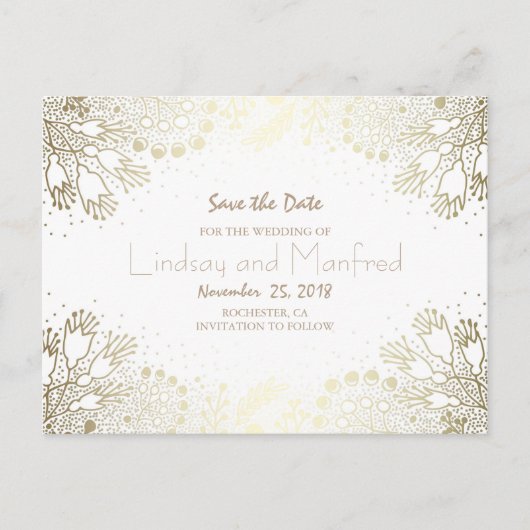 金ゴールドフローラワンダーランドホワイト日付を保存 案内ポストカード (正面)