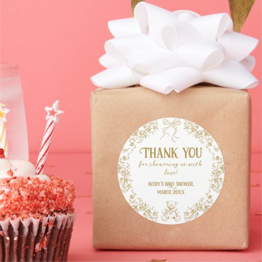 金ゴールドフローラヴィンテージテディベア赤ちゃんシャワー ラウンドシール (パーティー)