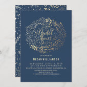 金ゴールドフローラヴィンテージネイビーブライダルシャワー 招待状 (正面/裏面)