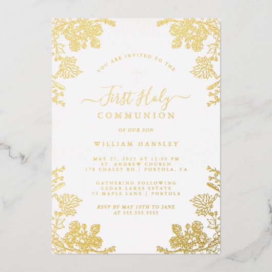 金ゴールドフローラヴィンテージ少年の最初の通信 箔招待状 (正面)