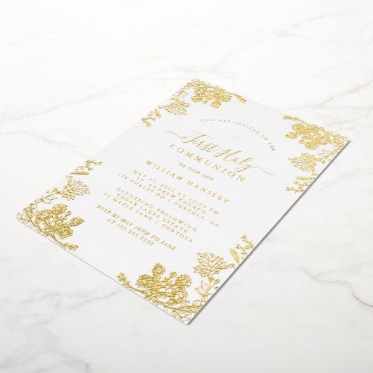 金ゴールドフローラヴィンテージ少年の最初の通信 箔招待状 (回転した状態)