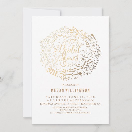 金ゴールドフローラヴィンテージ白ブライダルシャワー 招待状 (正面)