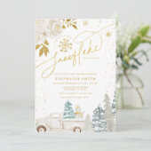 金ゴールドフローラ冬のスノーフレーク赤ちゃんシャワー 招待状 (スタンド正面)