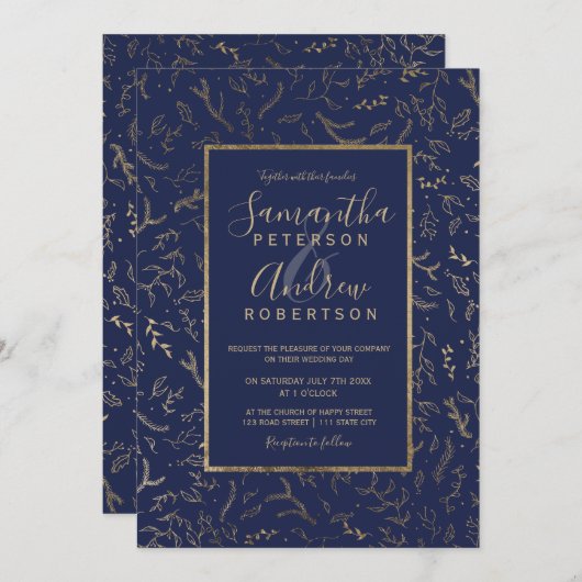金ゴールドフローラ冬季ネイビーブルータイポグラフィ結婚ズ 招待状 (正面/裏面)