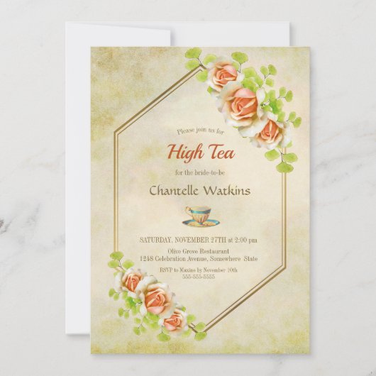 金ゴールドフローラ幾何高茶ブライダルシャワー 招待状 (正面)