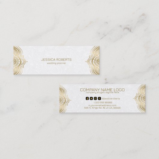 金ゴールドフローラ曼荼羅枠（白い背景） スキニー名刺 (正面/裏面)