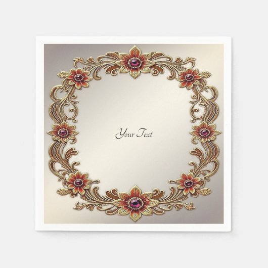 金ゴールドフローラ枠（赤石） スタンダードカクテルナプキン (正面)