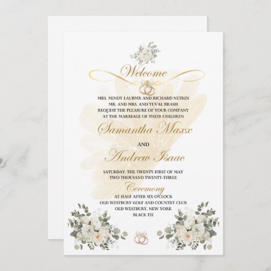 金ゴールドフローラ桃フォーマル結婚式招待状 招待状 (正面/裏面)