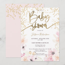金ゴールドフローラ水色ガーリーピンクの赤ちゃんシャワーinvi 招待状
