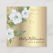 金ゴールドフローラ水色スタイリッシュ黒モダンスクリプト スクエア名刺 (正面)