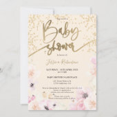 金ゴールドフローラ水色ピンクガーリーの赤ちゃんシャワー 招待状 (正面)